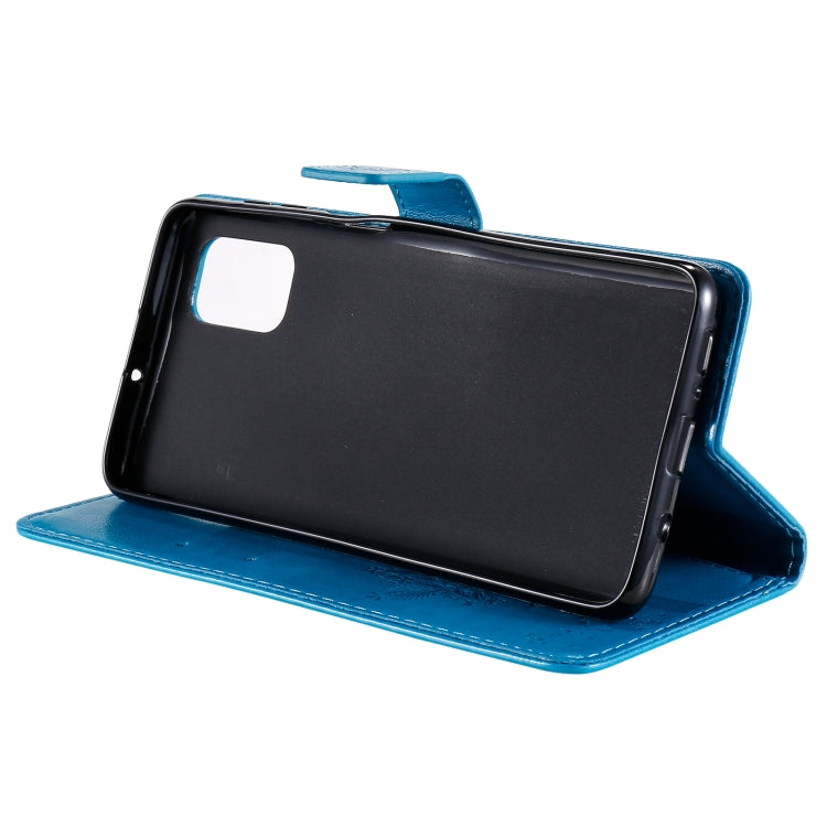 For Samsung Galaxy M51 Tree & Cat Pattern Pressed Printing Horizontal Flip PU Leather Case with Holder & Card Slots & Wallet & Lanyard