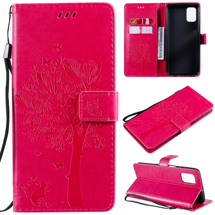 For Samsung Galaxy M51 Tree & Cat Pattern Pressed Printing Horizontal Flip PU Leather Case with Holder & Card Slots & Wallet & Lanyard