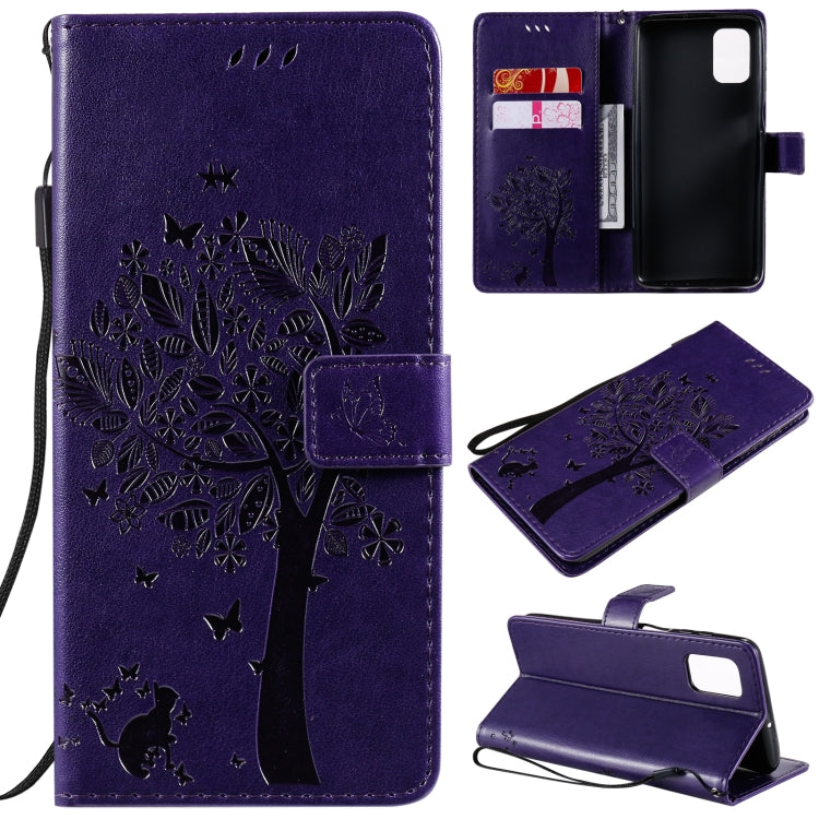 For Samsung Galaxy M51 Tree & Cat Pattern Pressed Printing Horizontal Flip PU Leather Case with Holder & Card Slots & Wallet & Lanyard