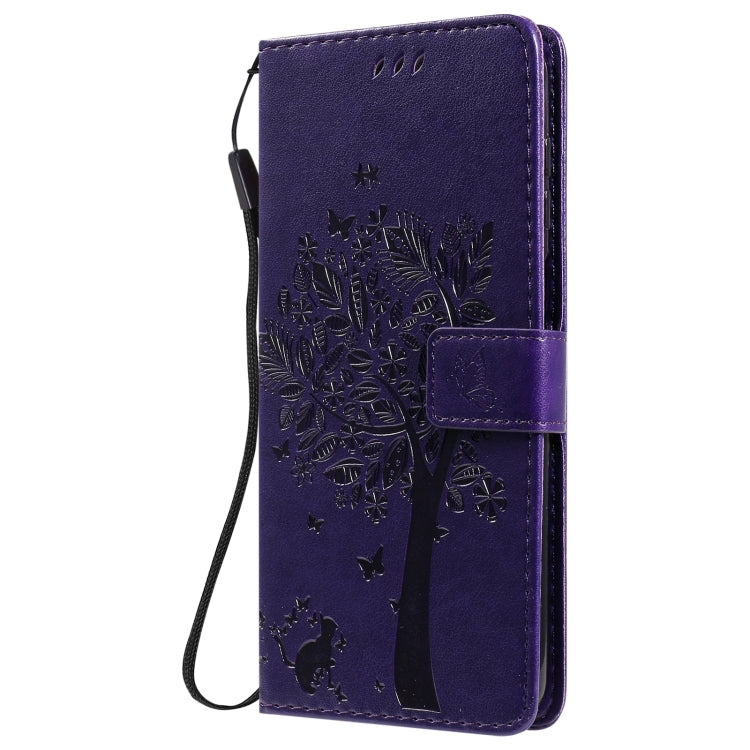 For Samsung Galaxy M51 Tree & Cat Pattern Pressed Printing Horizontal Flip PU Leather Case with Holder & Card Slots & Wallet & Lanyard