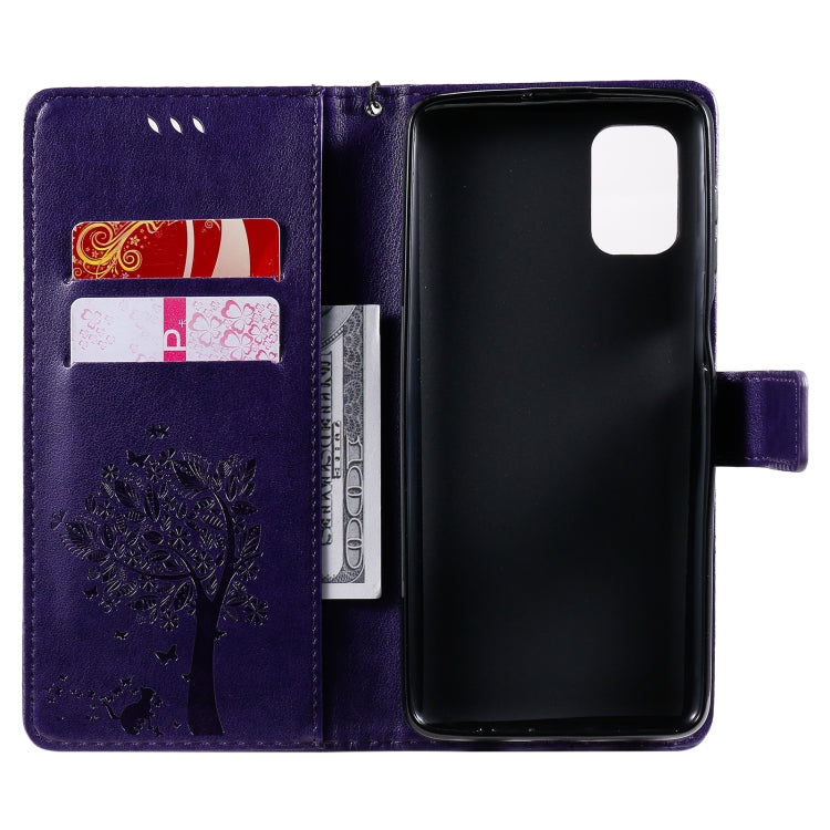 For Samsung Galaxy M51 Tree & Cat Pattern Pressed Printing Horizontal Flip PU Leather Case with Holder & Card Slots & Wallet & Lanyard