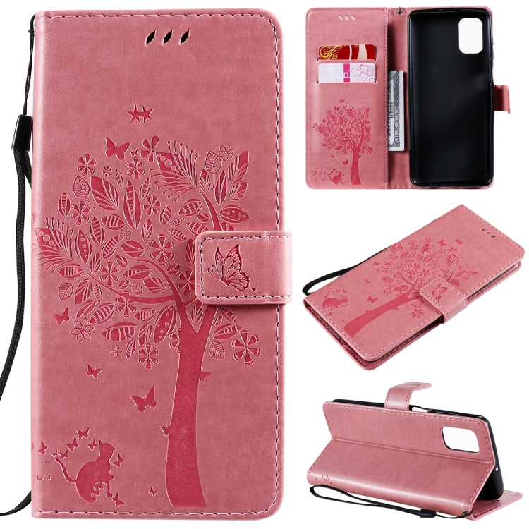 For Samsung Galaxy M51 Tree & Cat Pattern Pressed Printing Horizontal Flip PU Leather Case with Holder & Card Slots & Wallet & Lanyard