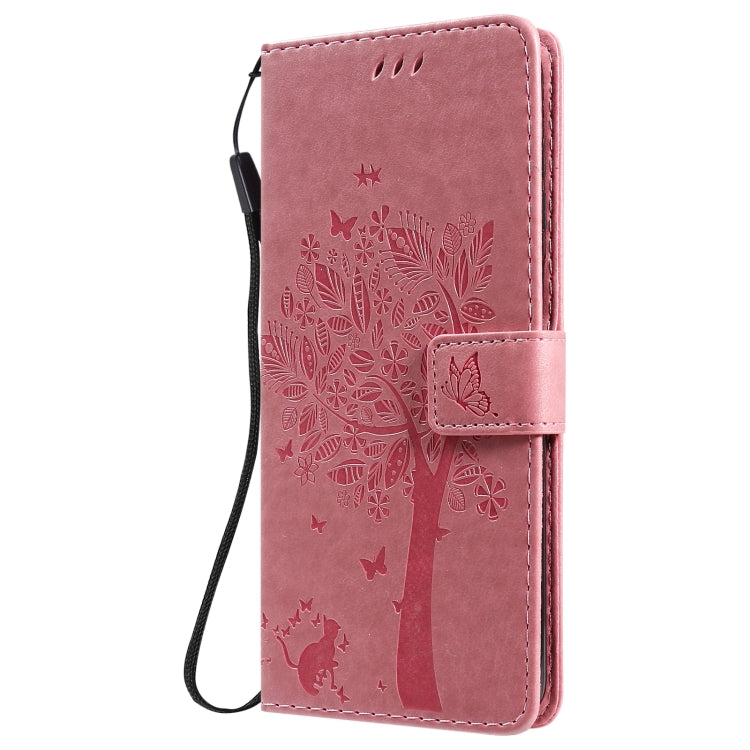 For Samsung Galaxy M51 Tree & Cat Pattern Pressed Printing Horizontal Flip PU Leather Case with Holder & Card Slots & Wallet & Lanyard