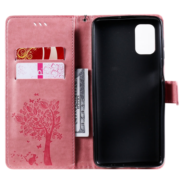 For Samsung Galaxy M51 Tree & Cat Pattern Pressed Printing Horizontal Flip PU Leather Case with Holder & Card Slots & Wallet & Lanyard