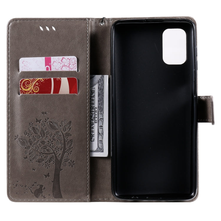 For Samsung Galaxy M51 Tree & Cat Pattern Pressed Printing Horizontal Flip PU Leather Case with Holder & Card Slots & Wallet & Lanyard