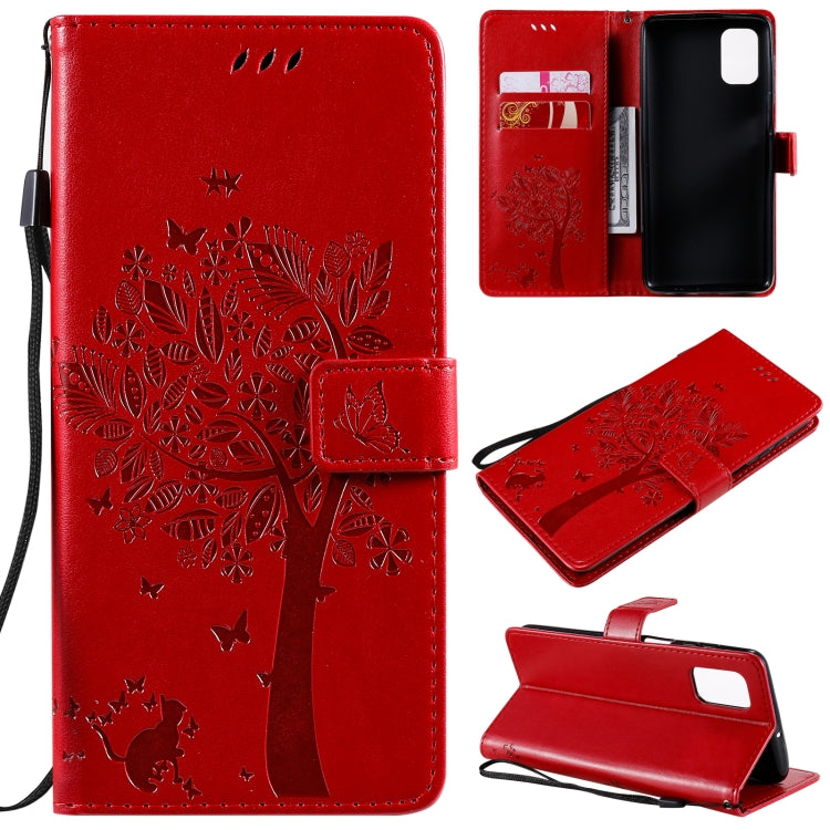 For Samsung Galaxy M51 Tree & Cat Pattern Pressed Printing Horizontal Flip PU Leather Case with Holder & Card Slots & Wallet & Lanyard
