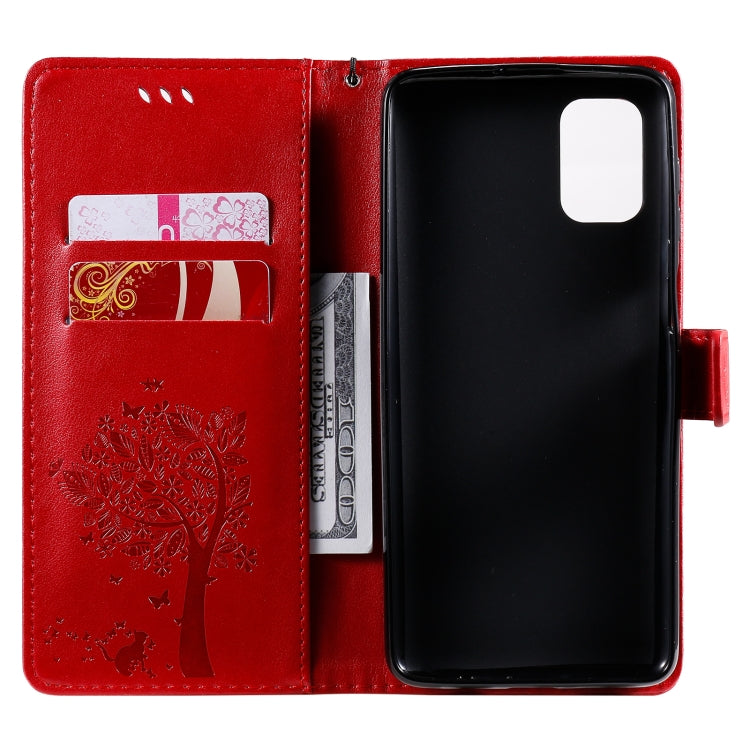 For Samsung Galaxy M51 Tree & Cat Pattern Pressed Printing Horizontal Flip PU Leather Case with Holder & Card Slots & Wallet & Lanyard