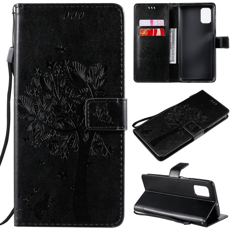For Samsung Galaxy M51 Tree & Cat Pattern Pressed Printing Horizontal Flip PU Leather Case with Holder & Card Slots & Wallet & Lanyard