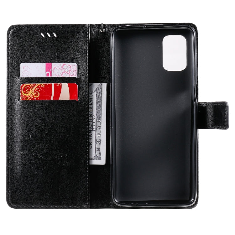 For Samsung Galaxy M51 Tree & Cat Pattern Pressed Printing Horizontal Flip PU Leather Case with Holder & Card Slots & Wallet & Lanyard