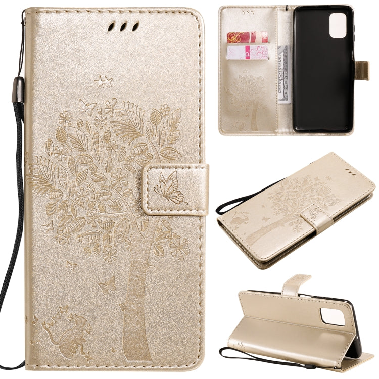 For Samsung Galaxy M51 Tree & Cat Pattern Pressed Printing Horizontal Flip PU Leather Case with Holder & Card Slots & Wallet & Lanyard
