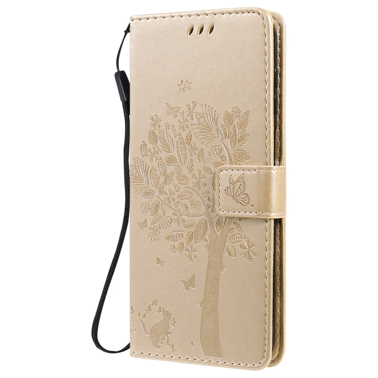 For Samsung Galaxy M51 Tree & Cat Pattern Pressed Printing Horizontal Flip PU Leather Case with Holder & Card Slots & Wallet & Lanyard