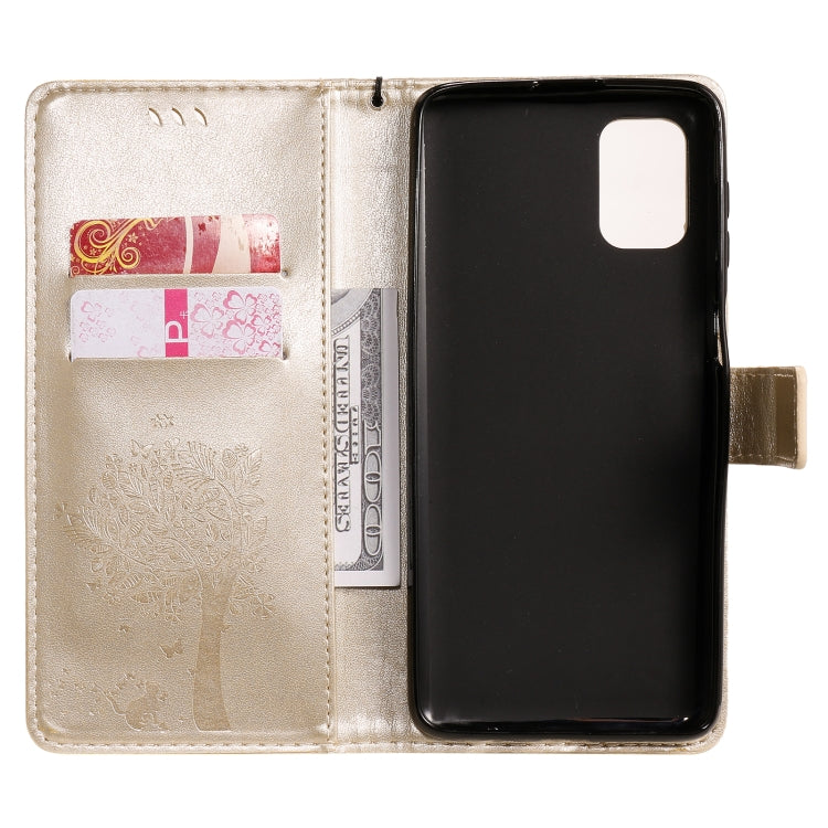 For Samsung Galaxy M51 Tree & Cat Pattern Pressed Printing Horizontal Flip PU Leather Case with Holder & Card Slots & Wallet & Lanyard