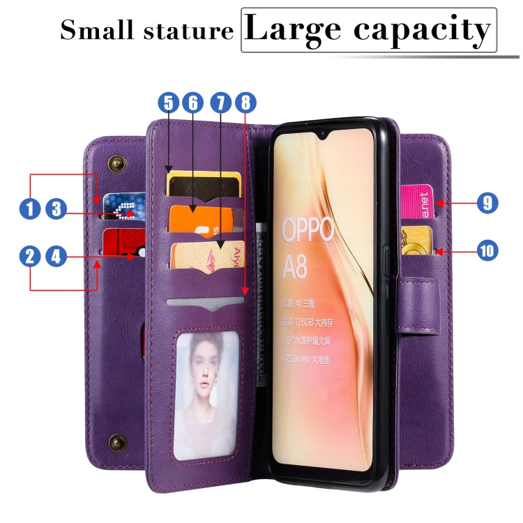 For OPPO A8 / A31 (2020) Multifunctional Magnetic Copper Buckle Horizontal Flip Solid Color Leather Case with 10 Card Slots & Wallet & Holder & Photo Frame