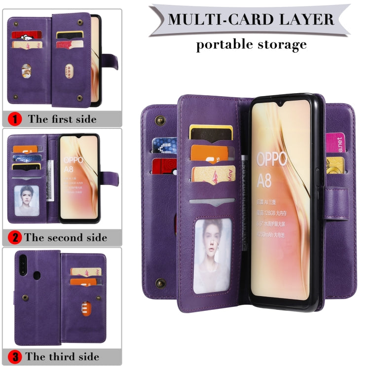 For OPPO A8 / A31 (2020) Multifunctional Magnetic Copper Buckle Horizontal Flip Solid Color Leather Case with 10 Card Slots & Wallet & Holder & Photo Frame