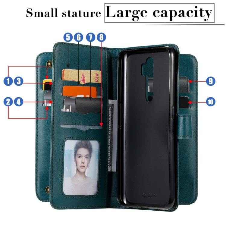 For OPPO A9 (2020) / A11x / A5 (2020) Multifunctional Magnetic Copper Buckle Horizontal Flip Solid Color Leather Case with 10 Card Slots & Wallet & Holder & Photo Frame