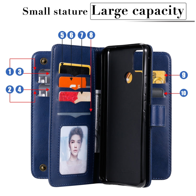 For OPPO Realme C15 Multifunctional Magnetic Copper Buckle Horizontal Flip Solid Color Leather Case with 10 Card Slots & Wallet & Holder & Photo Frame