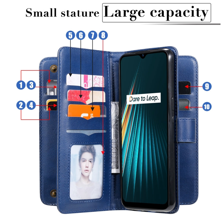 For OPPO Realme 5 Multifunctional Magnetic Copper Buckle Horizontal Flip Solid Color Leather Case with 10 Card Slots & Wallet & Holder & Photo Frame