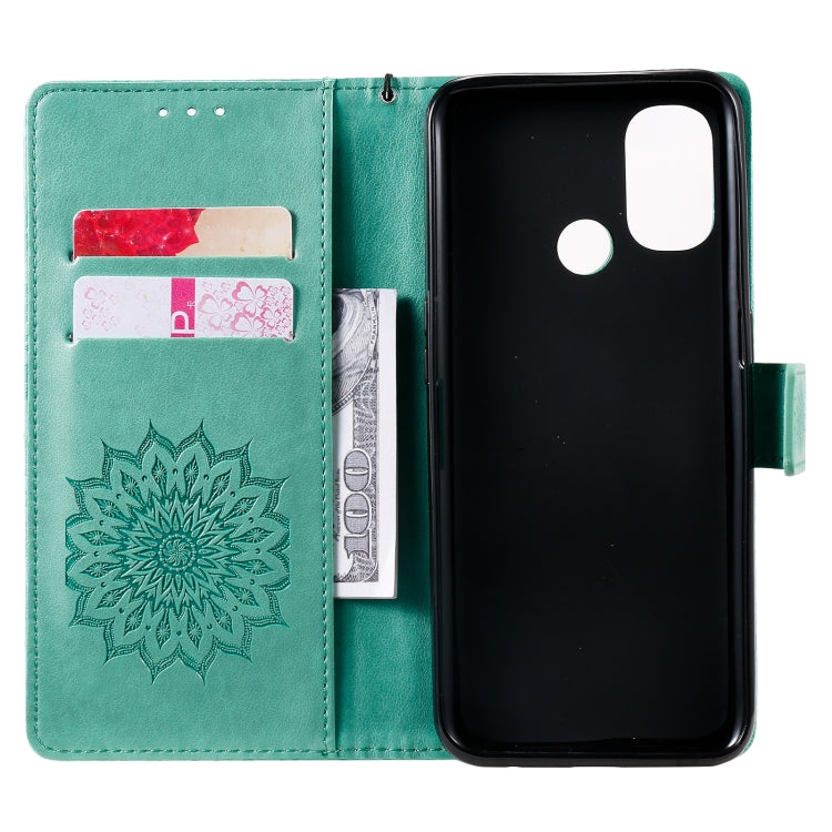 For OnePlus Nord N100 Sun Embossing Pattern Horizontal Flip Leather Case with Card Slot & Holder & Wallet & Lanyard