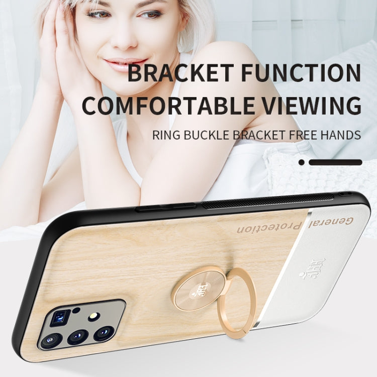 For OPPO A91 Wood Grain PC + TPU Shockproof Protective Case with Ring Holder