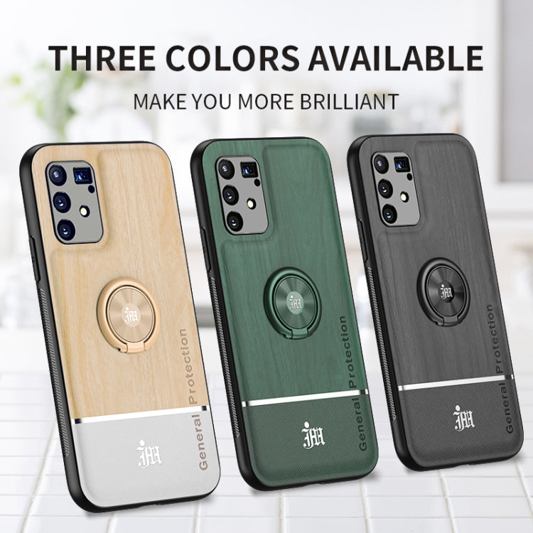 For OPPO A91 Wood Grain PC + TPU Shockproof Protective Case with Ring Holder