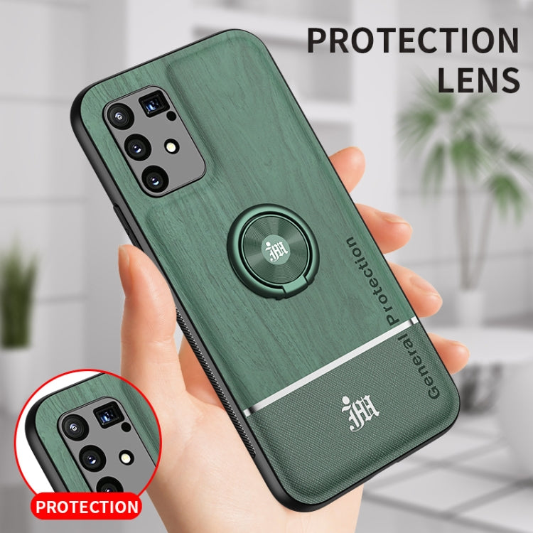 For OPPO A91 Wood Grain PC + TPU Shockproof Protective Case with Ring Holder