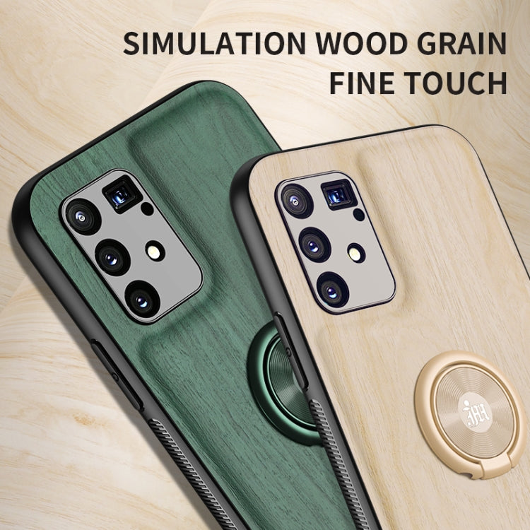 For OPPO A91 Wood Grain PC + TPU Shockproof Protective Case with Ring Holder