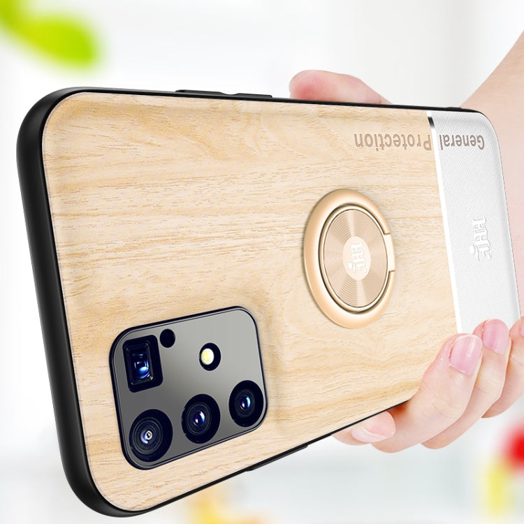 For OPPO A91 Wood Grain PC + TPU Shockproof Protective Case with Ring Holder