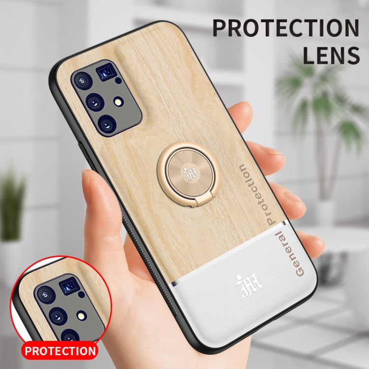 For OPPO A91 Wood Grain PC + TPU Shockproof Protective Case with Ring Holder