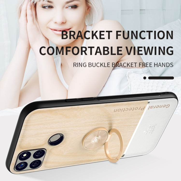 For OPPO C12 Wood Grain PC + TPU Shockproof Protective Case with Ring Holder