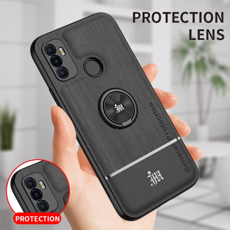 For OPPO A53 Wood Grain PC + TPU Shockproof Protective Case with Ring Holder