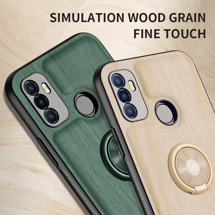 For OPPO A53 Wood Grain PC + TPU Shockproof Protective Case with Ring Holder