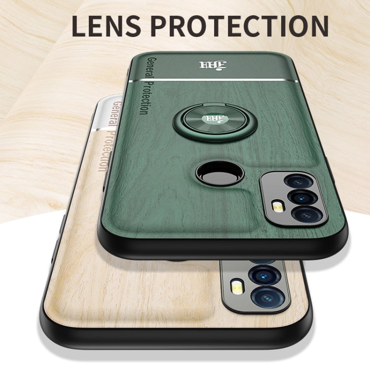For OPPO A53 Wood Grain PC + TPU Shockproof Protective Case with Ring Holder