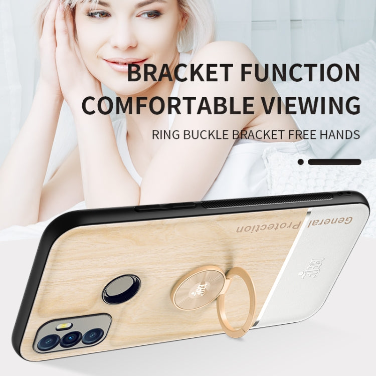 For OPPO A53 Wood Grain PC + TPU Shockproof Protective Case with Ring Holder