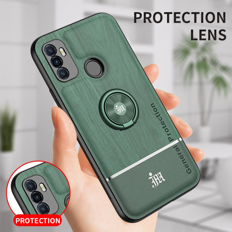 For OPPO A53 Wood Grain PC + TPU Shockproof Protective Case with Ring Holder