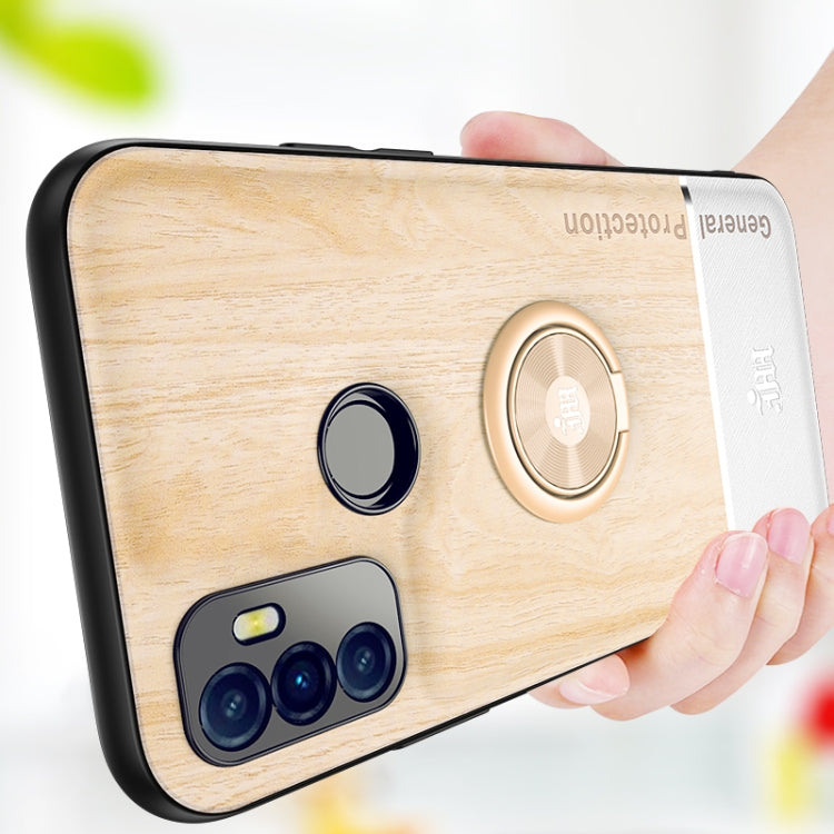 For OPPO A53 Wood Grain PC + TPU Shockproof Protective Case with Ring Holder