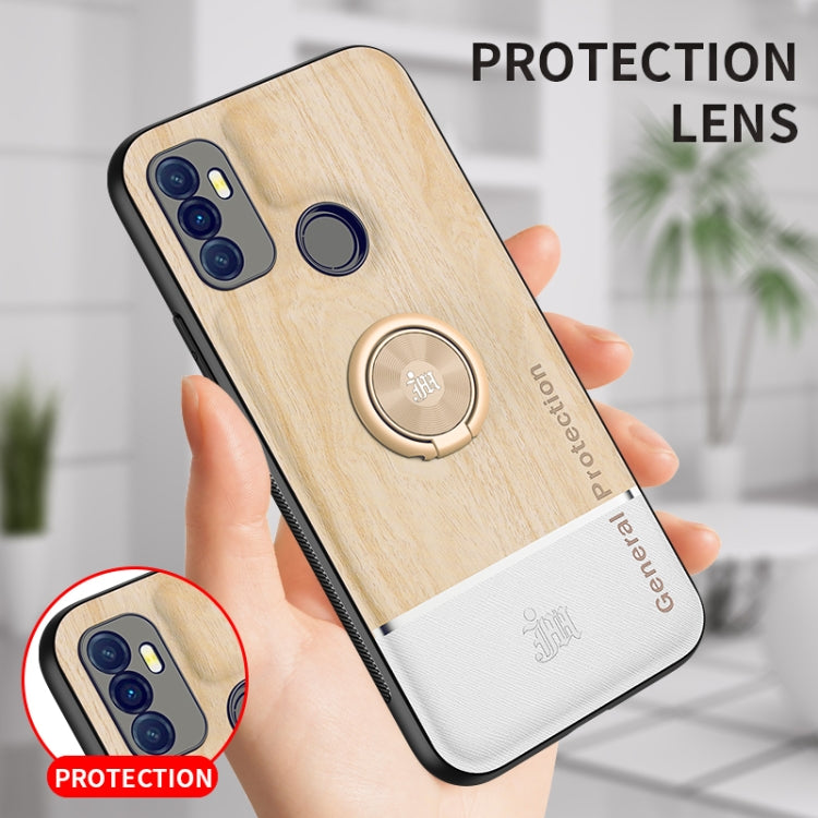 For OPPO A53 Wood Grain PC + TPU Shockproof Protective Case with Ring Holder
