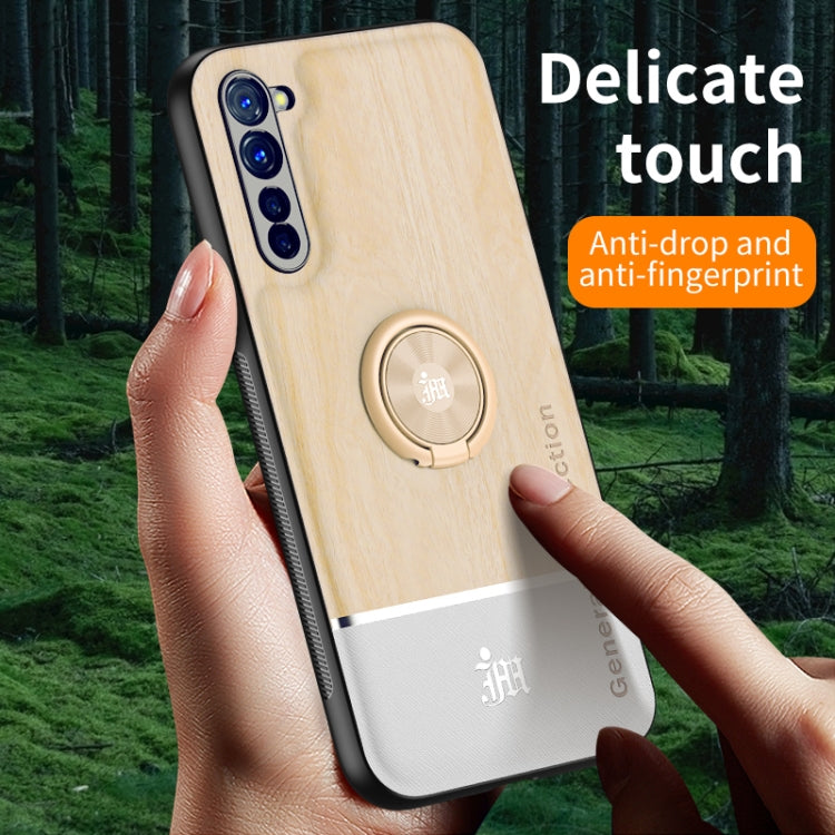 For OPPO Reno3 Wood Grain PC + TPU Shockproof Protective Case with Ring Holder
