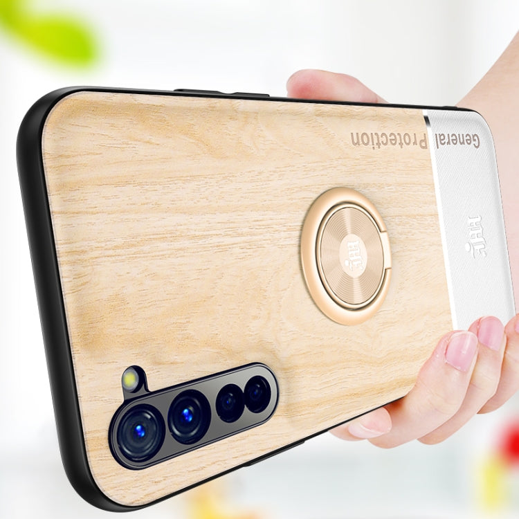 For OPPO Reno3 Wood Grain PC + TPU Shockproof Protective Case with Ring Holder
