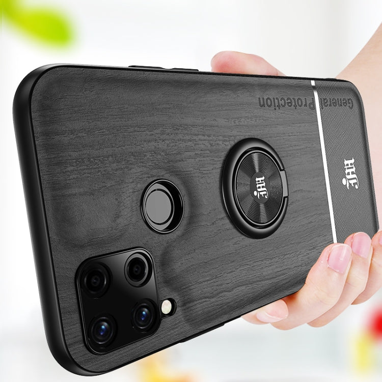 For OPPO Realme C15 Wood Grain PC + TPU Shockproof Protective Case with Ring Holder