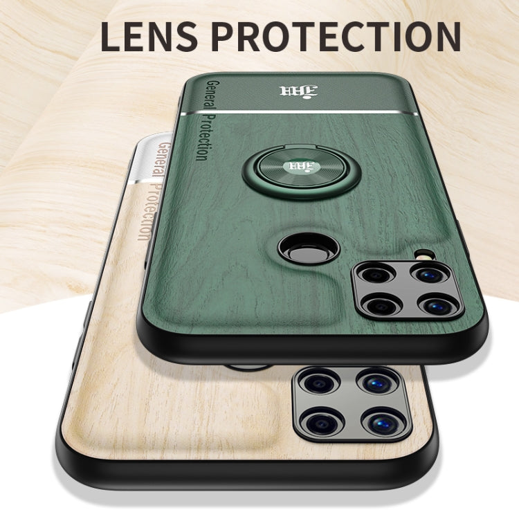 For OPPO Realme C15 Wood Grain PC + TPU Shockproof Protective Case with Ring Holder