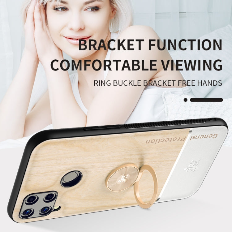 For OPPO Realme C15 Wood Grain PC + TPU Shockproof Protective Case with Ring Holder