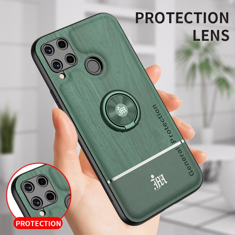 For OPPO Realme C15 Wood Grain PC + TPU Shockproof Protective Case with Ring Holder