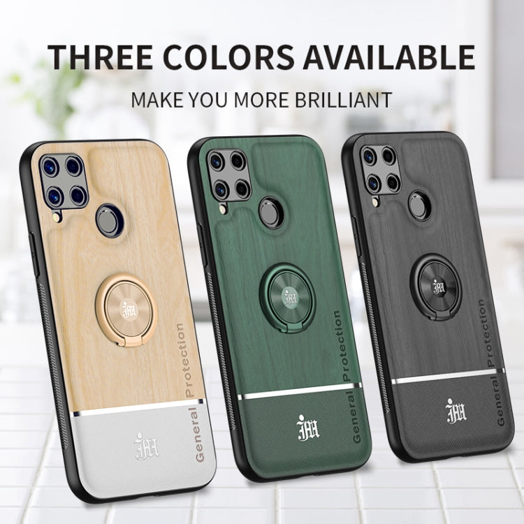 For OPPO Realme C15 Wood Grain PC + TPU Shockproof Protective Case with Ring Holder