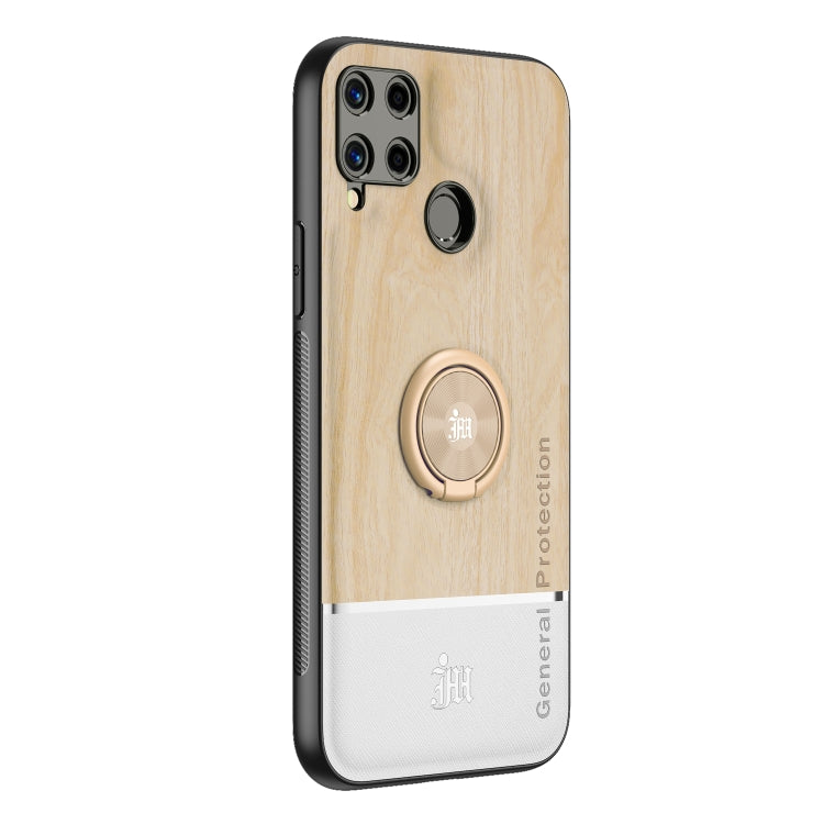 For OPPO Realme C15 Wood Grain PC + TPU Shockproof Protective Case with Ring Holder