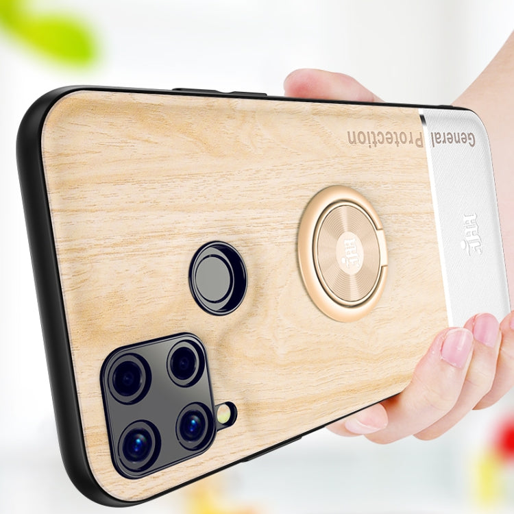 For OPPO Realme C15 Wood Grain PC + TPU Shockproof Protective Case with Ring Holder