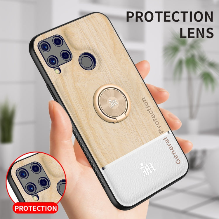 For OPPO Realme C15 Wood Grain PC + TPU Shockproof Protective Case with Ring Holder