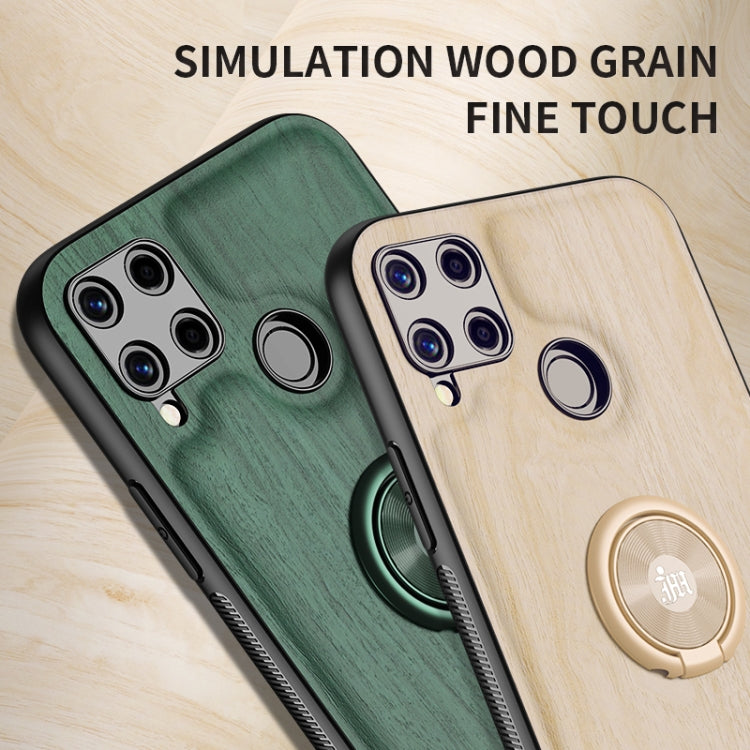 For OPPO Realme C15 Wood Grain PC + TPU Shockproof Protective Case with Ring Holder