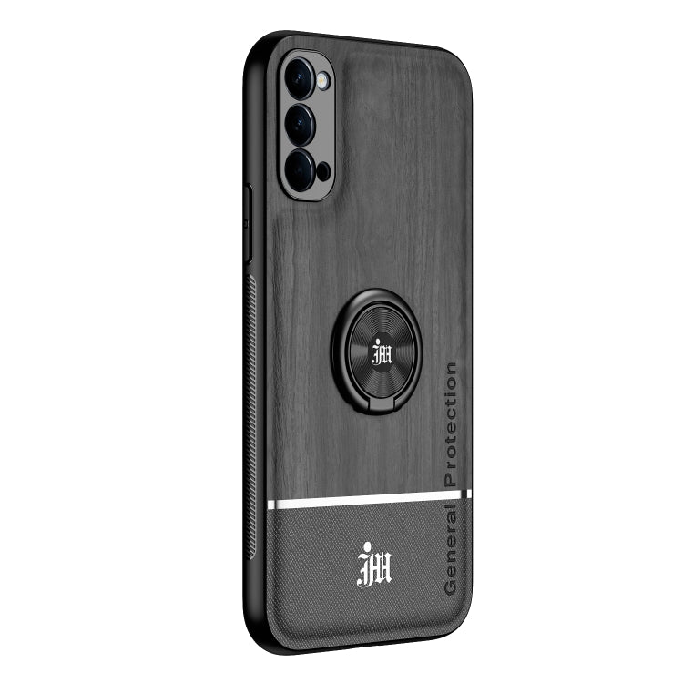 For OPPO Reno4 4G Wood Grain PC + TPU Shockproof Protective Case with Ring Holder