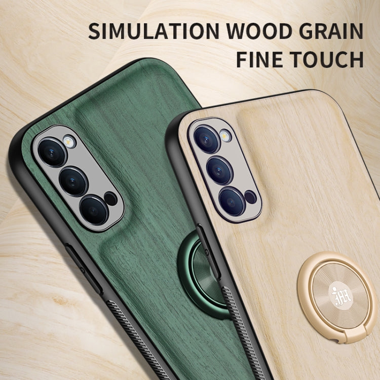 For OPPO Reno4 4G Wood Grain PC + TPU Shockproof Protective Case with Ring Holder