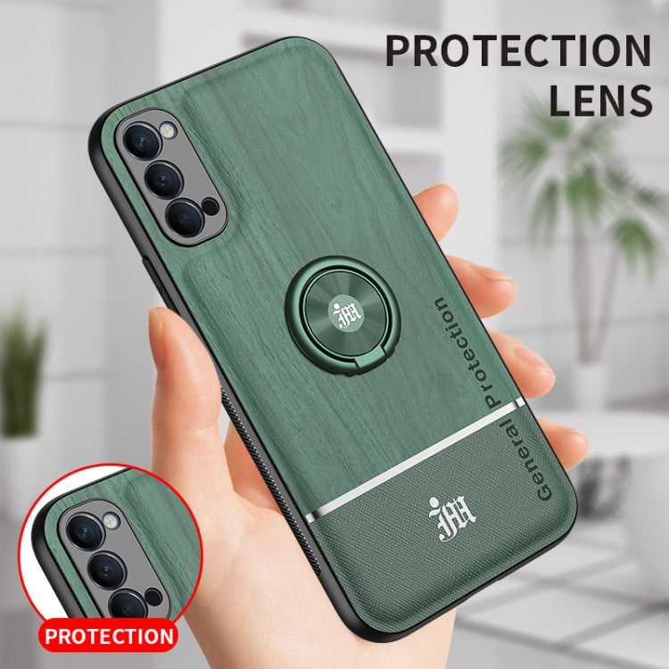 For OPPO Reno4 4G Wood Grain PC + TPU Shockproof Protective Case with Ring Holder